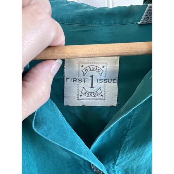 Basic first issue long sleeve shirt VTG women's teal oversized Small 100% Silk - Picture 3 of 9